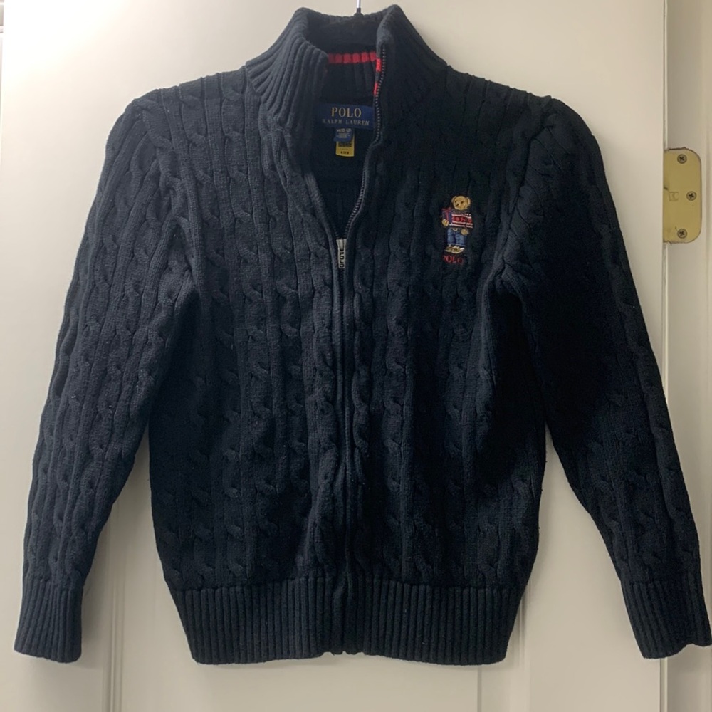 Polo Ralph Lauren Boys Black Cable Knit Full Zip Sweater Size M 10-12